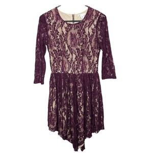 Womens Plum Purple Floral Lace Dress S 3/4 Sleeve Whimsigoth Dark Romantic Party